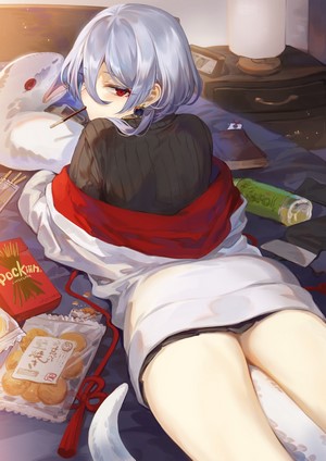 Anime girl with silver hair and red eyes in bed with snacks