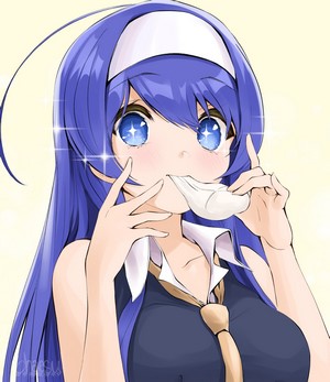 Anime girl with blue hair eating food