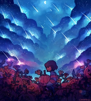 Frisk from Undertale in a pumpkin patch under a meteor shower