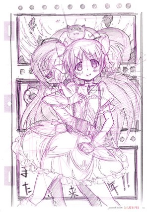 Madoka Magica: Homura and Madoka with Kyubey