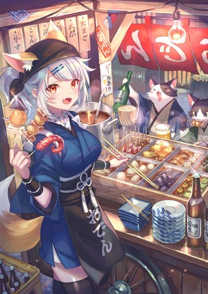 Anime girl with fox ears at a food stall