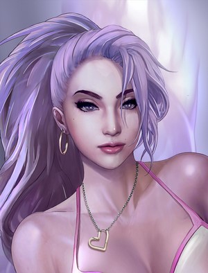 Artwork of a woman with purple hair and a heart necklace