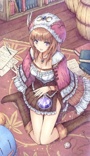 Anime girl with potion in library