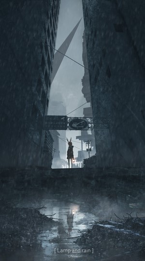 Amiya from Arknights in a ruined city during rain