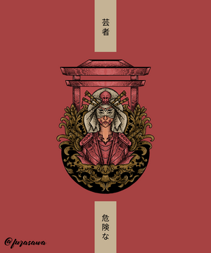 Geisha warrior with Japanese torii gate and calligraphy