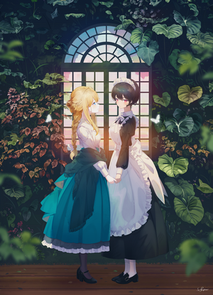 Anime girls holding hands in a garden