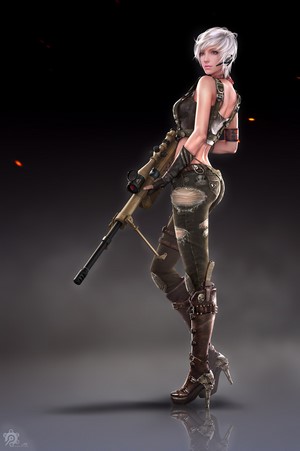Woman with sniper rifle and torn clothes