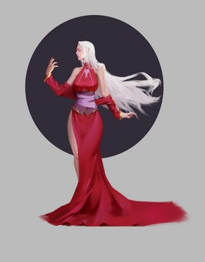 Fantasy woman in a red dress with long white hair