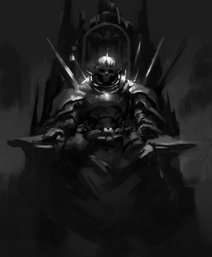 Monochrome fantasy art of a skull-headed warrior on a throne