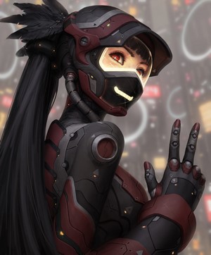 Woman in Sci-Fi Armor with Peace Sign