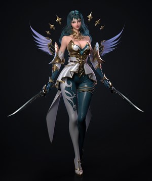 Woman warrior with swords and wings, CGI