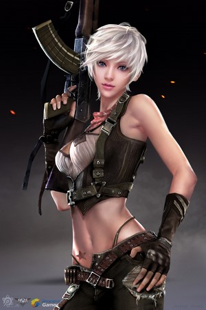 Woman with assault rifle and silver hair