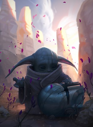 Baby Yoda from The Mandalorian with a helmet