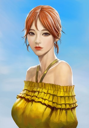 Artwork of an Asian woman with red hair