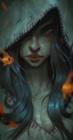 Fantasy girl with red eyes and fish underwater