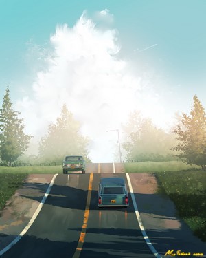 Retro cars on a road with clouds and trees