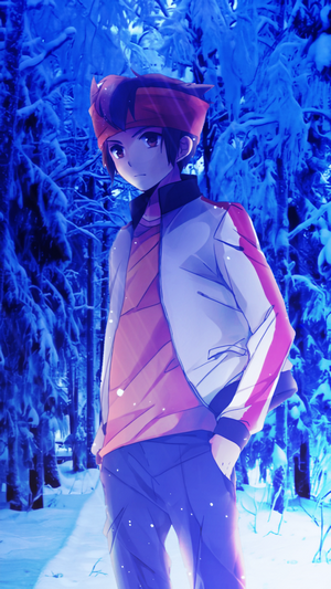 Anime boy in a snowy forest