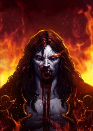 Dracula from Castlevania with blood and fire