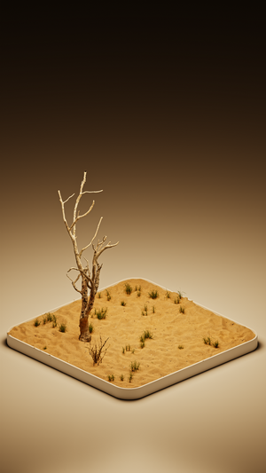 A dead tree in a sandy desert landscape