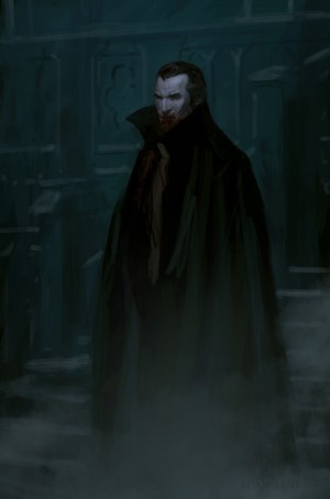 Artwork of a vampire with blood on his face