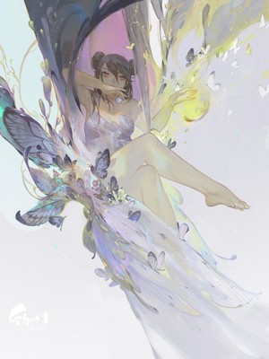 Fantasy girl with butterflies and flowing fabric