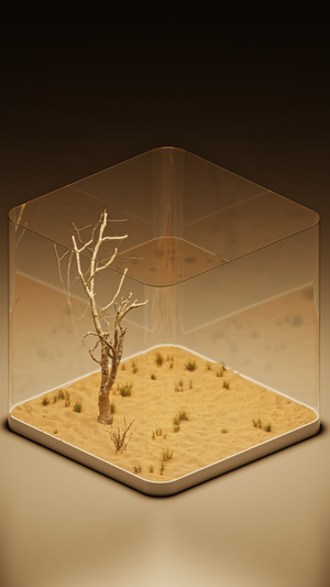 A dead tree in a desert diorama inside a glass cube