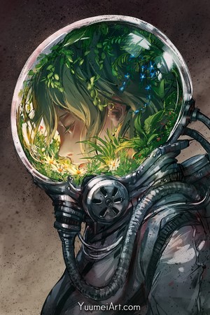 Anime girl with plants inside a helmet