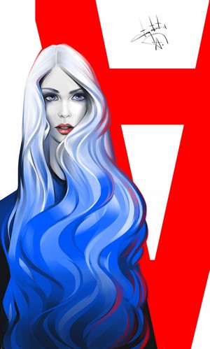 Woman with long blue and white dyed hair