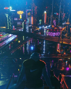 Cyberpunk Cityscape with Person and Cat