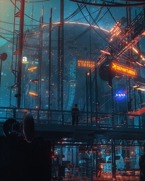 Cyberpunk Cityscape with Amazon and NASA Signs