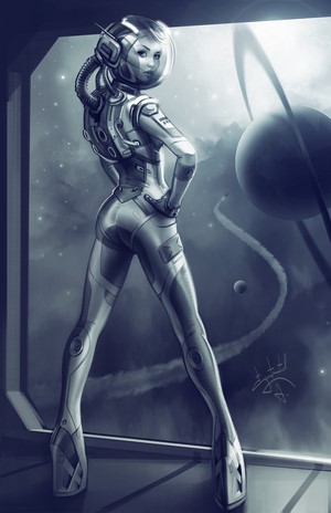 Woman in spacesuit looking back at Saturn