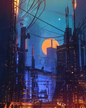 Cyberpunk city with moon and wires