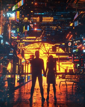 Couple holding hands in a futuristic cyber city