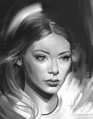 Monochrome portrait of a woman with long hair
