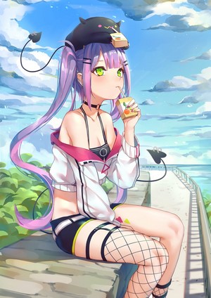 Tokoyami Towa from Hololive drinking juice by the sea