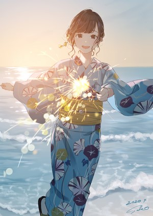 Anime girl in yukata holding sparkler on beach at sunset