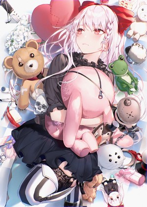 Anime girl with pink hair and stuffed animals