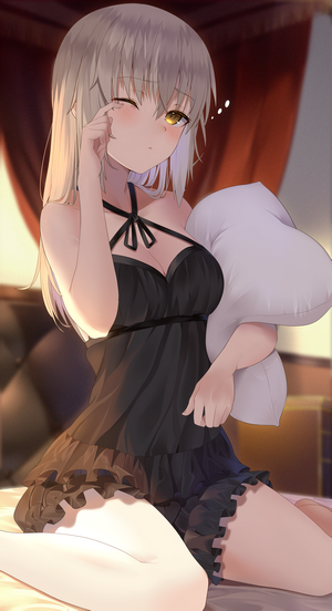 Anime girl in black lingerie holding a pillow