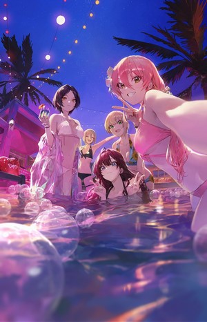 Anime girls in bikinis at a pool party at night