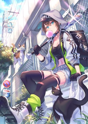 Anime Girl with Baseball Bat and Cats
