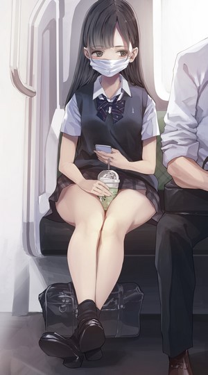 Anime girl in school uniform wearing mask on train