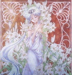 Queen Serenity from Sailor Moon surrounded by lilies