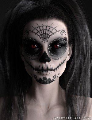 Woman with Dia de los Muertos makeup and red eyes