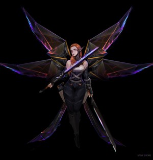 Fantasy redhead elf with wings and swords