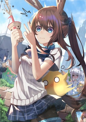 Anime girl with bunny ears holding bubble tea