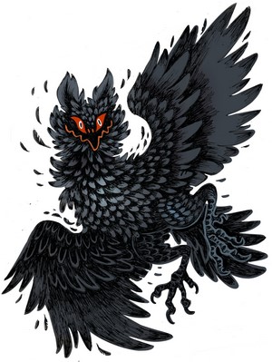 Dark bird creature with red eyes and black feathers