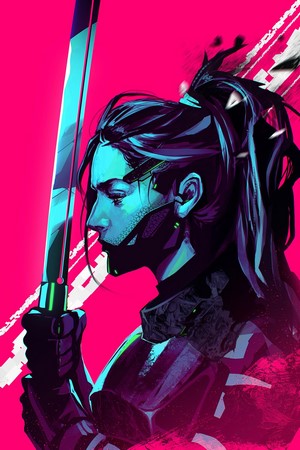 Cyberpunk woman with sword