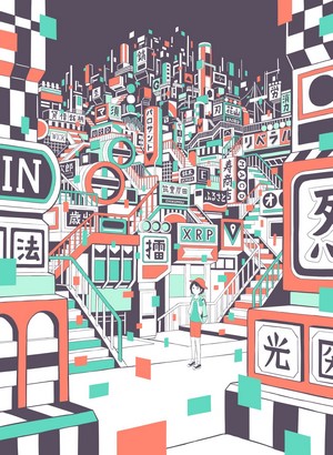 Anime illustration of a girl in a futuristic city with signs