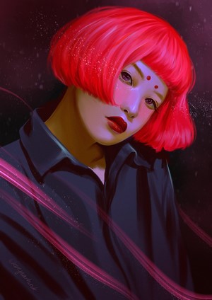Artwork of a woman with red hair and red lipstick