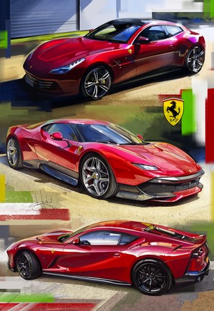 Three red Ferraris: SP38, 812 Superfast, GTC4 Lusso